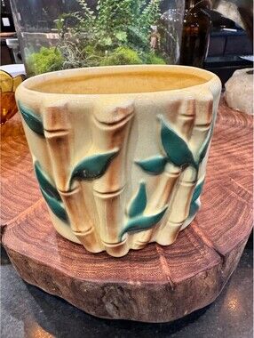 Vintage Royal Copley Bamboo Planter MCM Yellow & Green Ceramic Oval Vase 4.75"